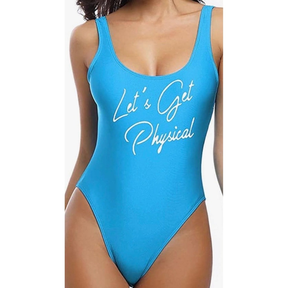 Lets Get Physical Blue One Piece Swimsuit High Cut 80s Style Graphic‎ Medium
